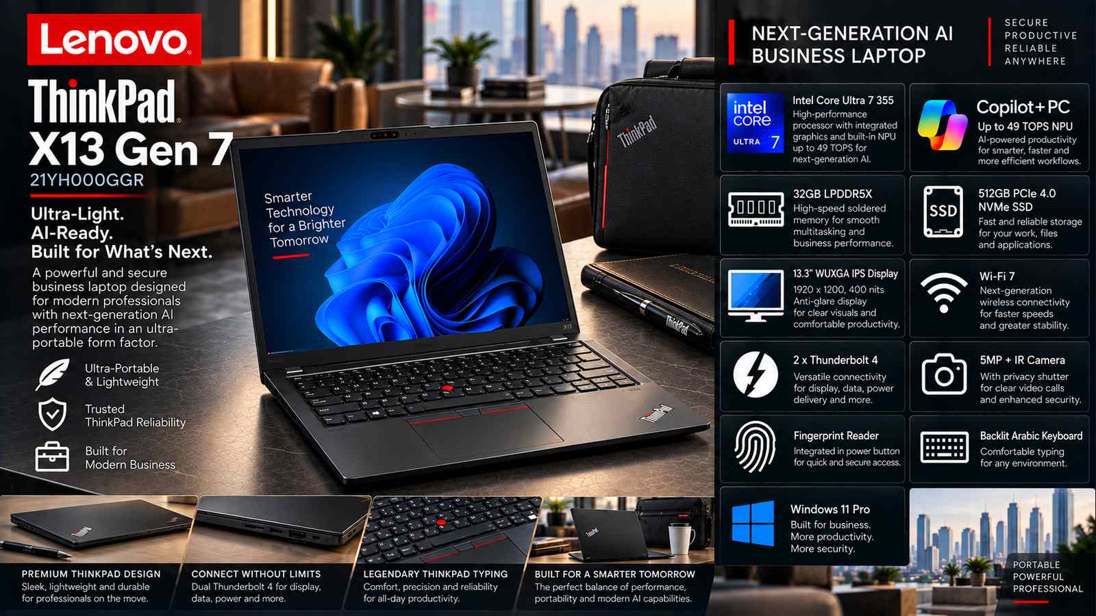 Lenovo ThinkPad X13 Gen 7 21YH000GGR Copilot+ AI Business Laptop, Intel Core Ultra 7 355, 32GB LPDDR5X-7467, 512GB PCIe 4.0 SSD, 13.3-inch WUXGA IPS 400-nit, Intel Graphics, Wi-Fi 7, Windows 11 Pro, Backlit Arabic Keyboard, Black | 21YH000GGR